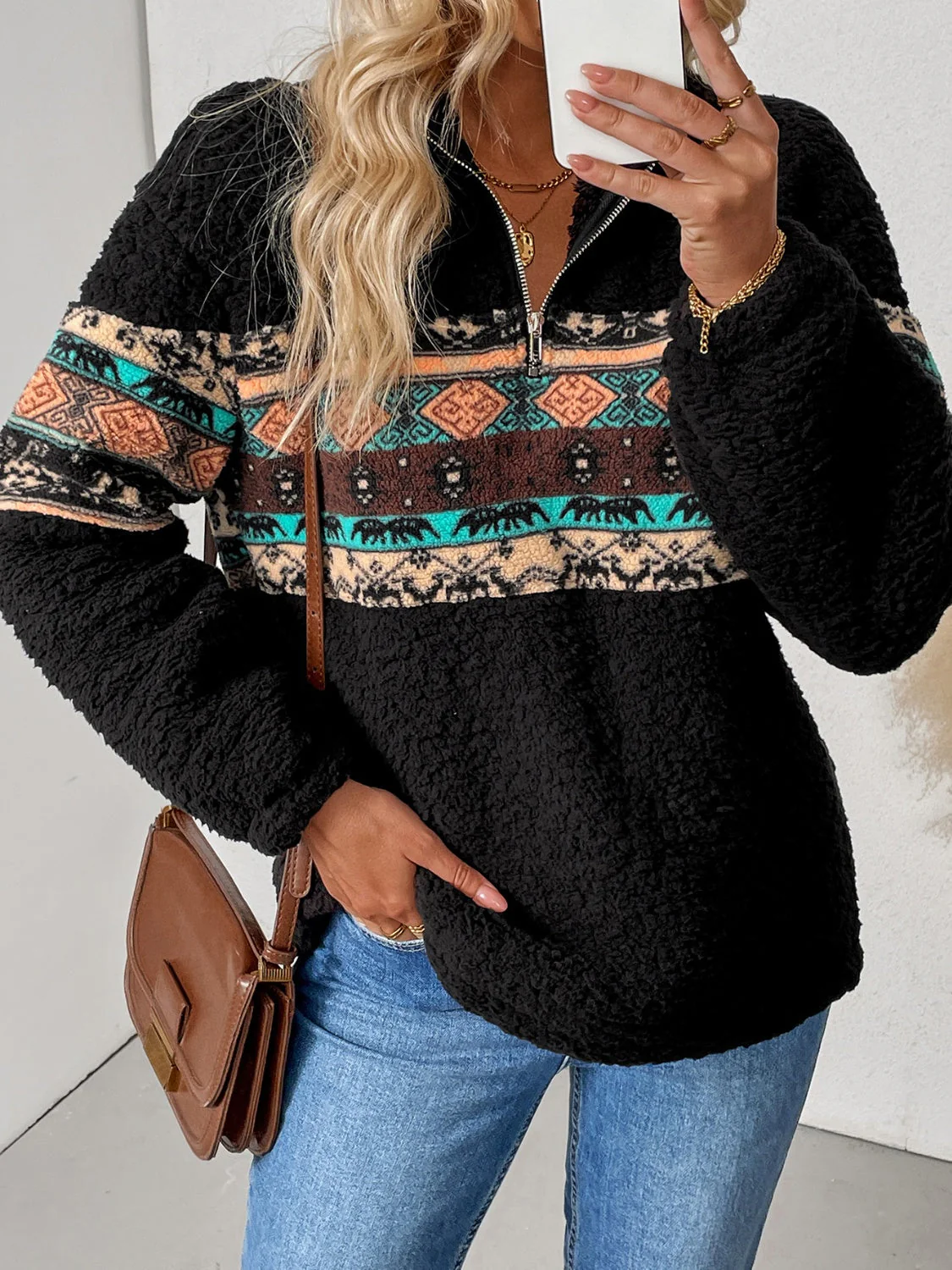 Cristina | Geometric quarter zip long sleeve sweatshirt - Image 6