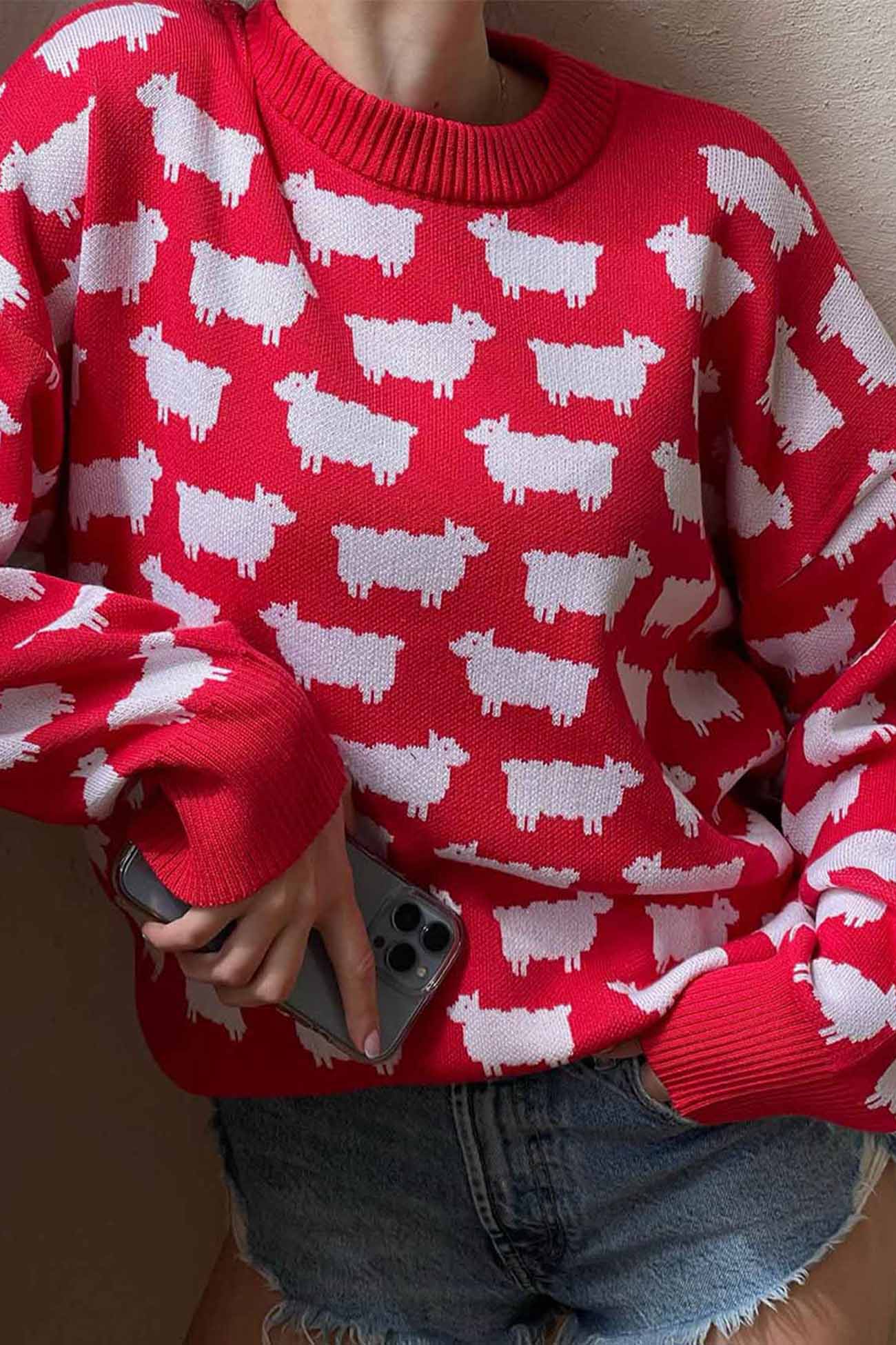 Dagmar | Long-sleeved sweater with a crew neck and a sheep pattern - Image 2