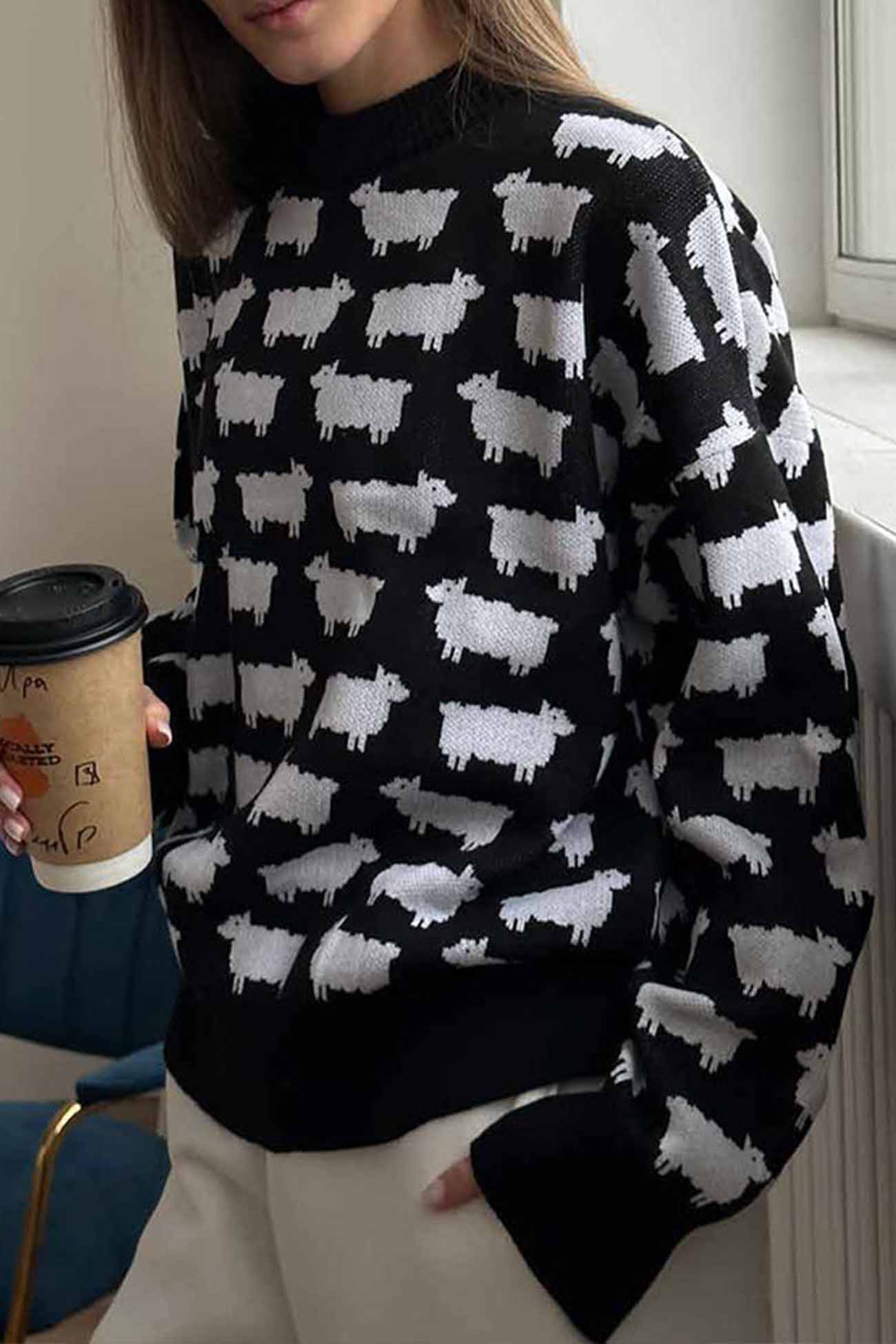 Dagmar | Long-sleeved sweater with a crew neck and a sheep pattern - Image 6
