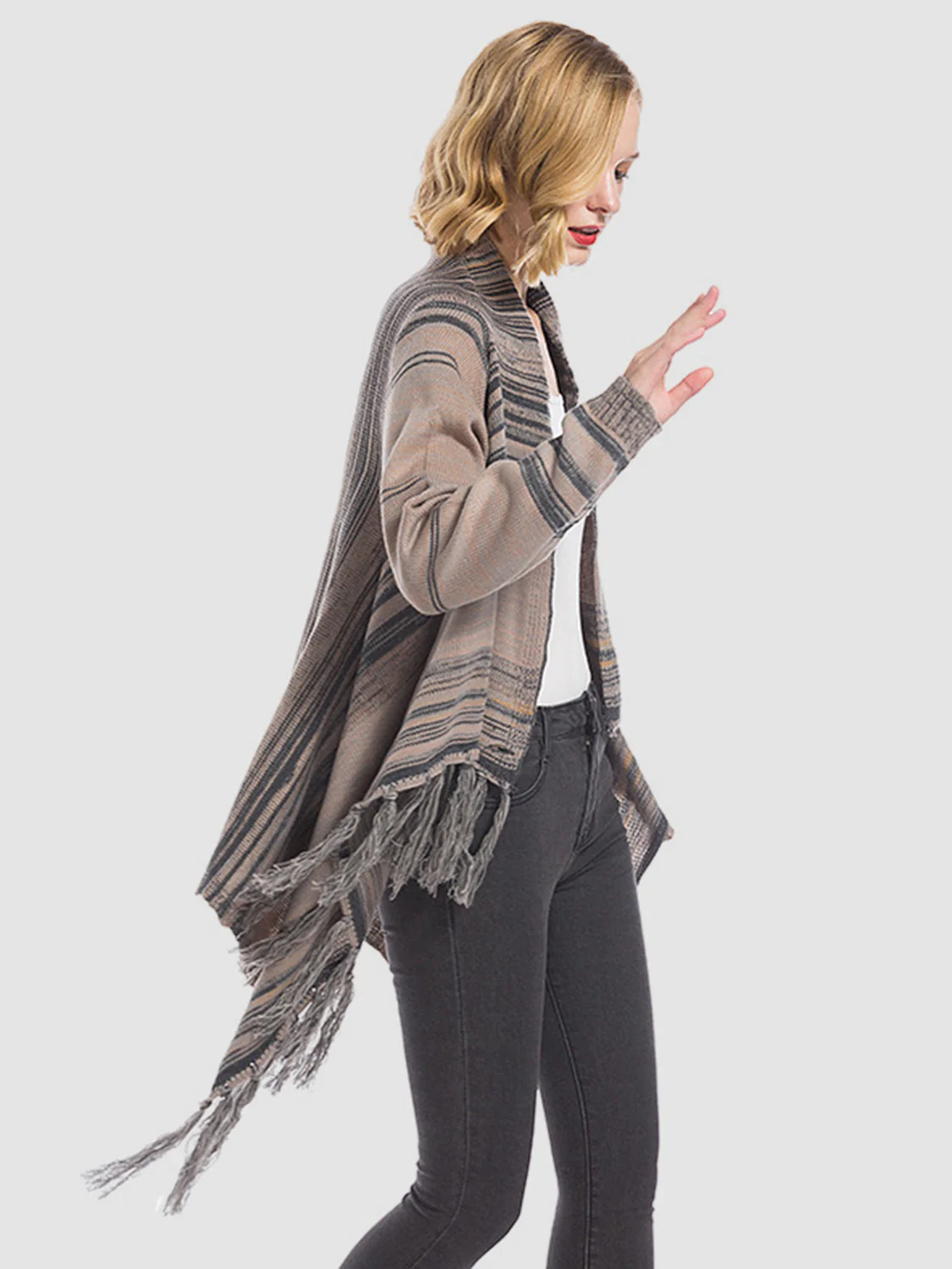 Dagny | Long sleeve cardigan with tassel stripes and open front - Image 3