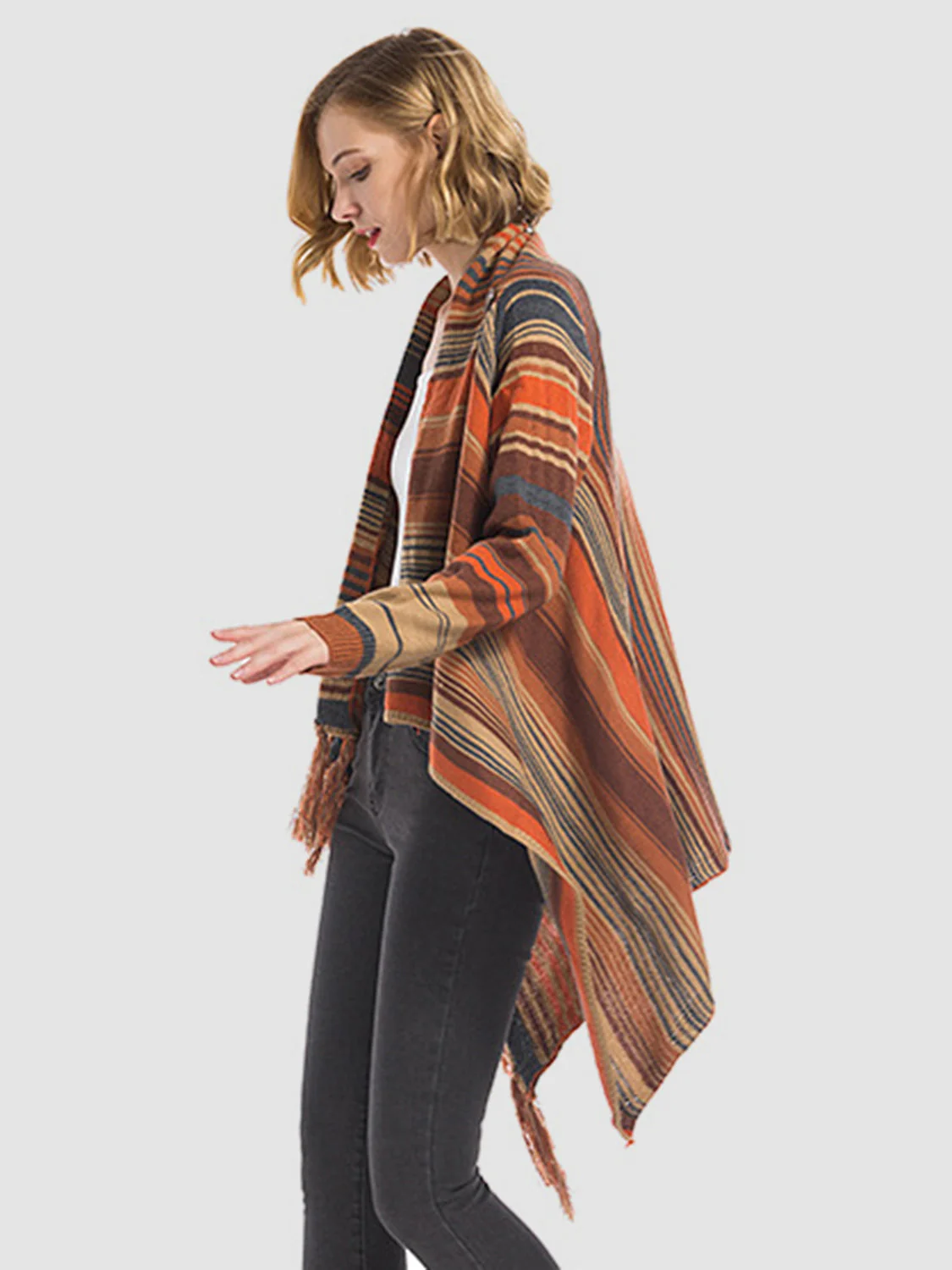 Dagny | Long sleeve cardigan with tassel stripes and open front - Image 6