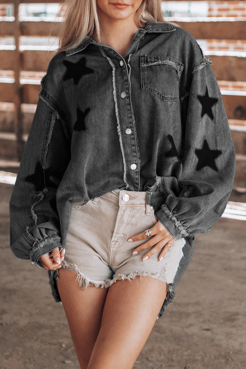 Daniela | Casual Street The Stars Distressed Patchwork Turndown Collar Long Sleeve Loose Denim Jacket - Image 2