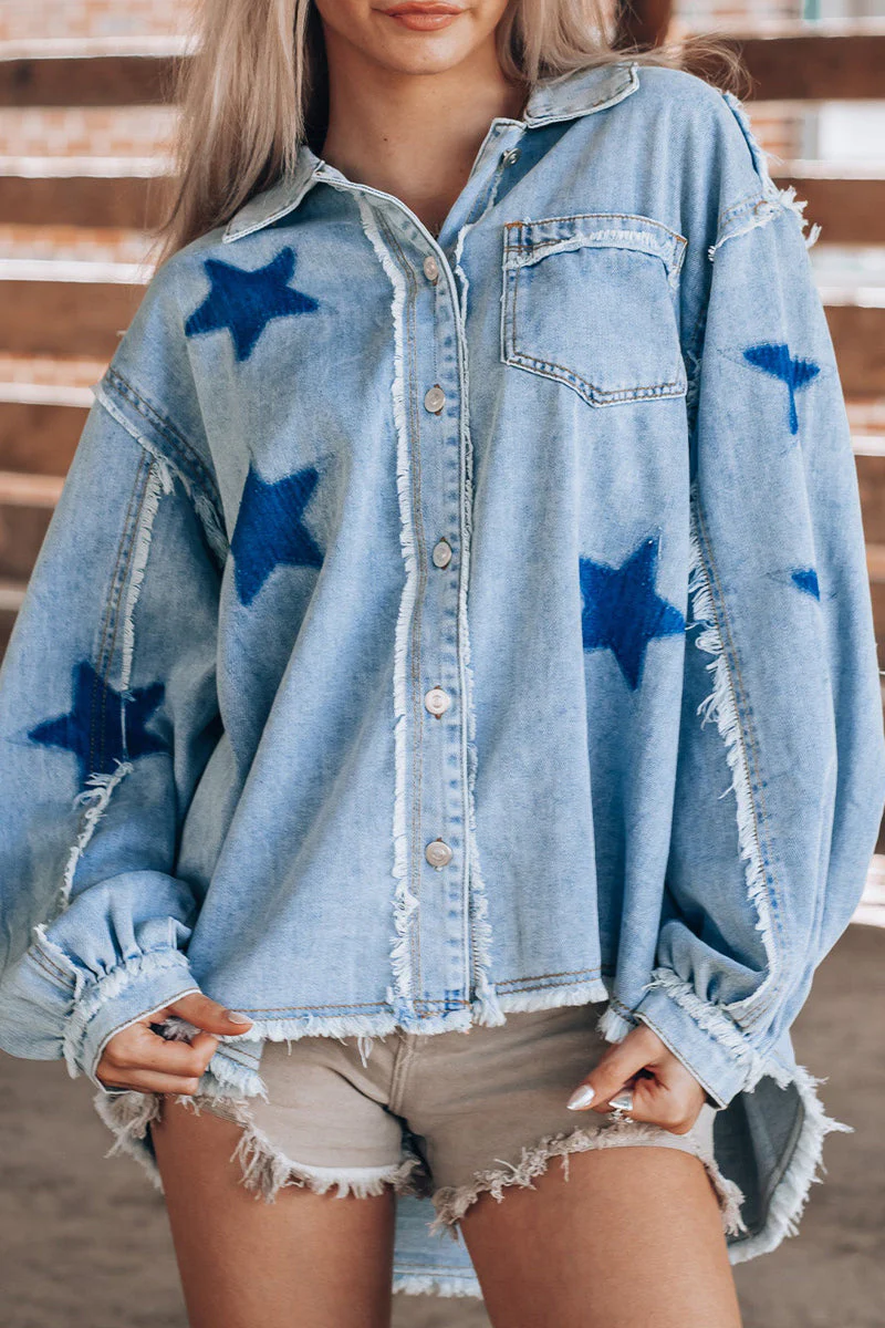 Daniela | Casual Street The Stars Distressed Patchwork Turndown Collar Long Sleeve Loose Denim Jacket - Image 3