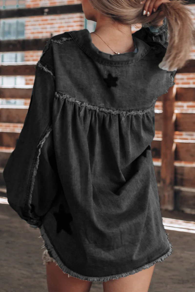 Daniela | Casual Street The Stars Distressed Patchwork Turndown Collar Long Sleeve Loose Denim Jacket - Image 8
