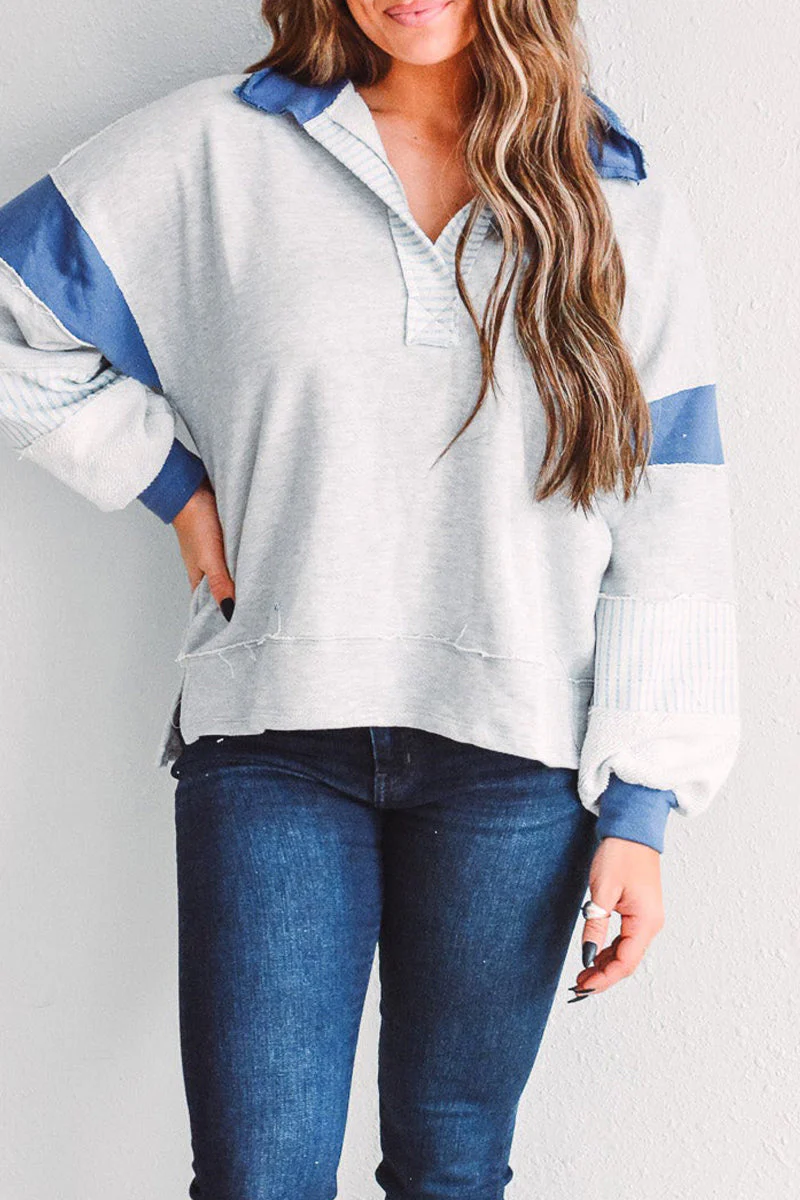 Deborah | Casual tops with street stripe patchwork contrast turn-down collar - Image 10