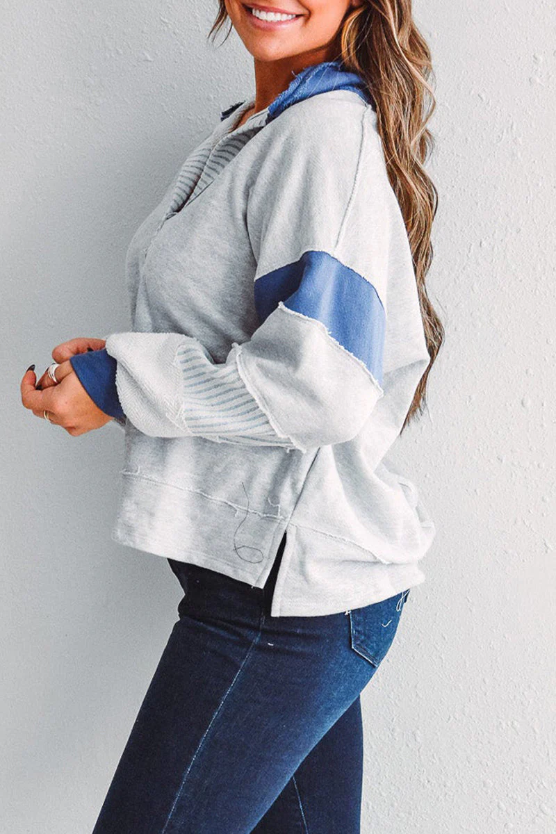 Deborah | Casual tops with street stripe patchwork contrast turn-down collar - Image 11
