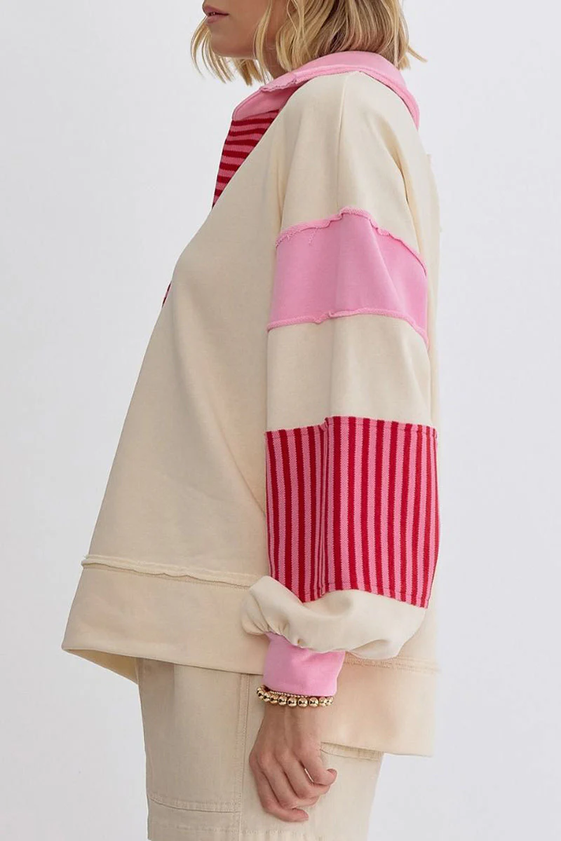 Deborah | Casual tops with street stripe patchwork contrast turn-down collar - Image 13