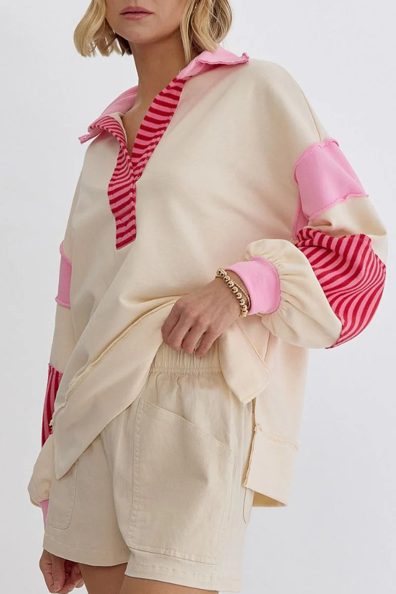 Deborah | Casual tops with street stripe patchwork contrast turn-down collar - Image 14
