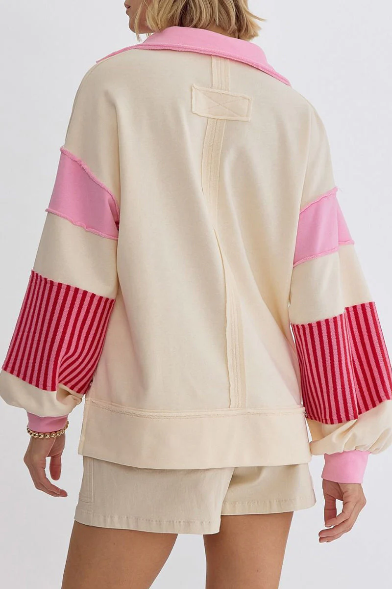 Deborah | Casual tops with street stripe patchwork contrast turn-down collar - Image 15