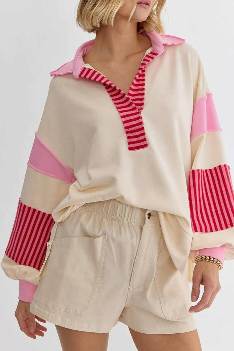 Deborah | Casual tops with street stripe patchwork contrast turn-down collar - Image 16