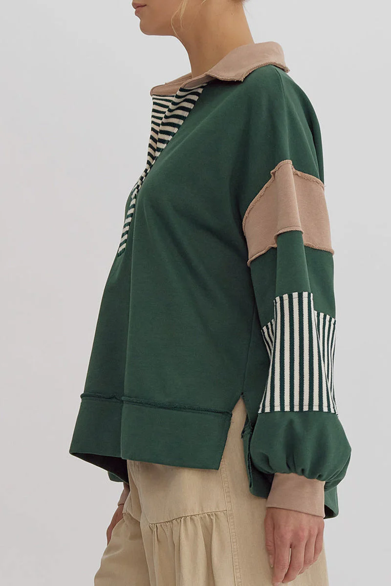 Deborah | Casual tops with street stripe patchwork contrast turn-down collar - Image 17