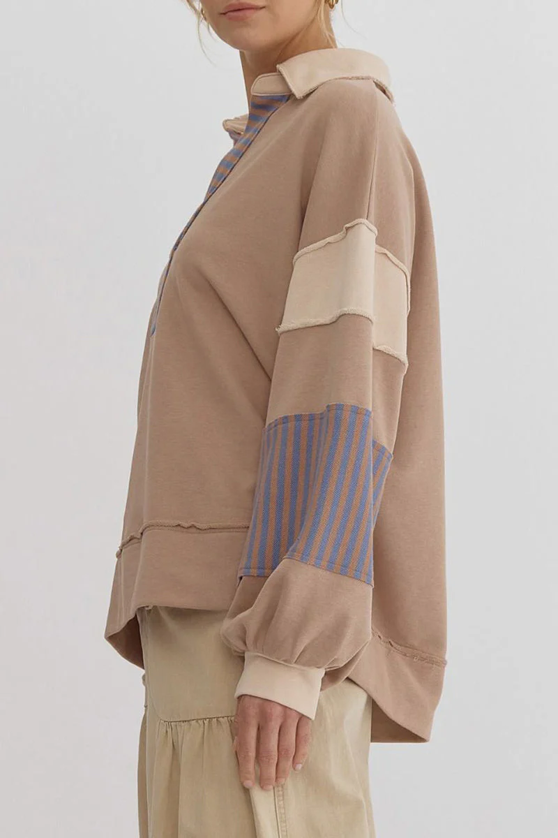 Deborah | Casual tops with street stripe patchwork contrast turn-down collar - Image 19