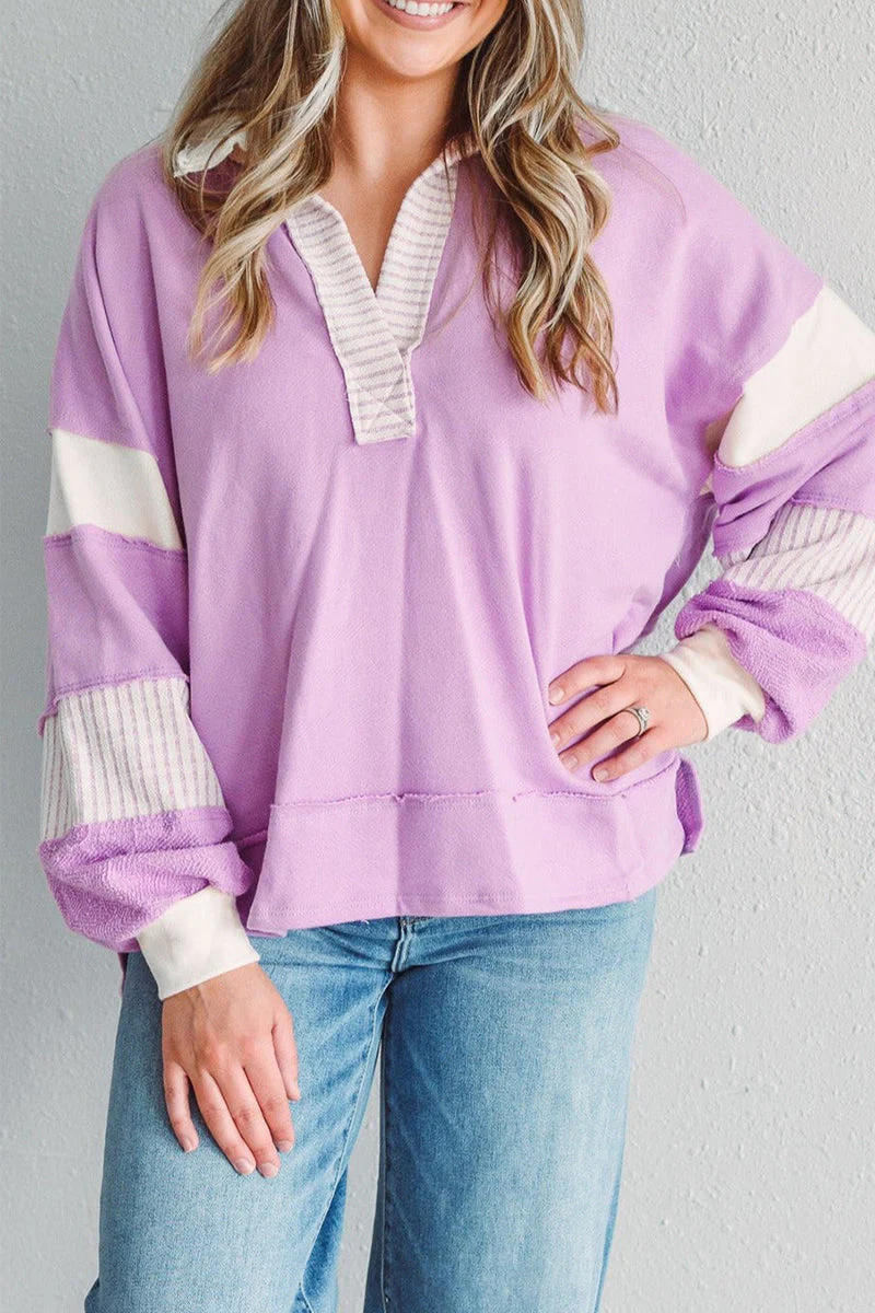 Deborah | Casual tops with street stripe patchwork contrast turn-down collar - Image 22