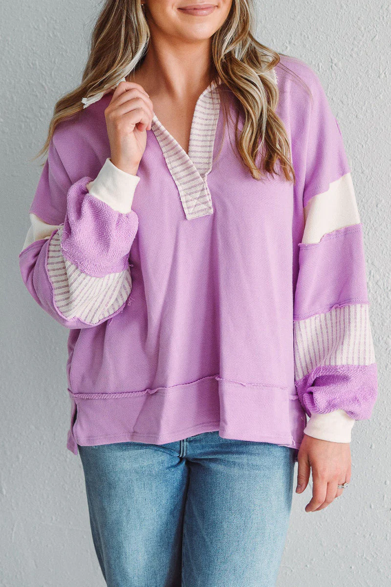 Deborah | Casual tops with street stripe patchwork contrast turn-down collar - Image 25