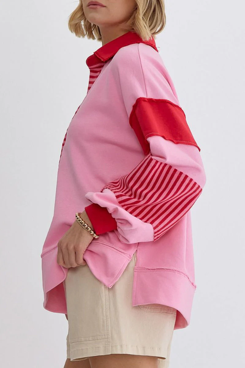 Deborah | Casual tops with street stripe patchwork contrast turn-down collar - Image 6