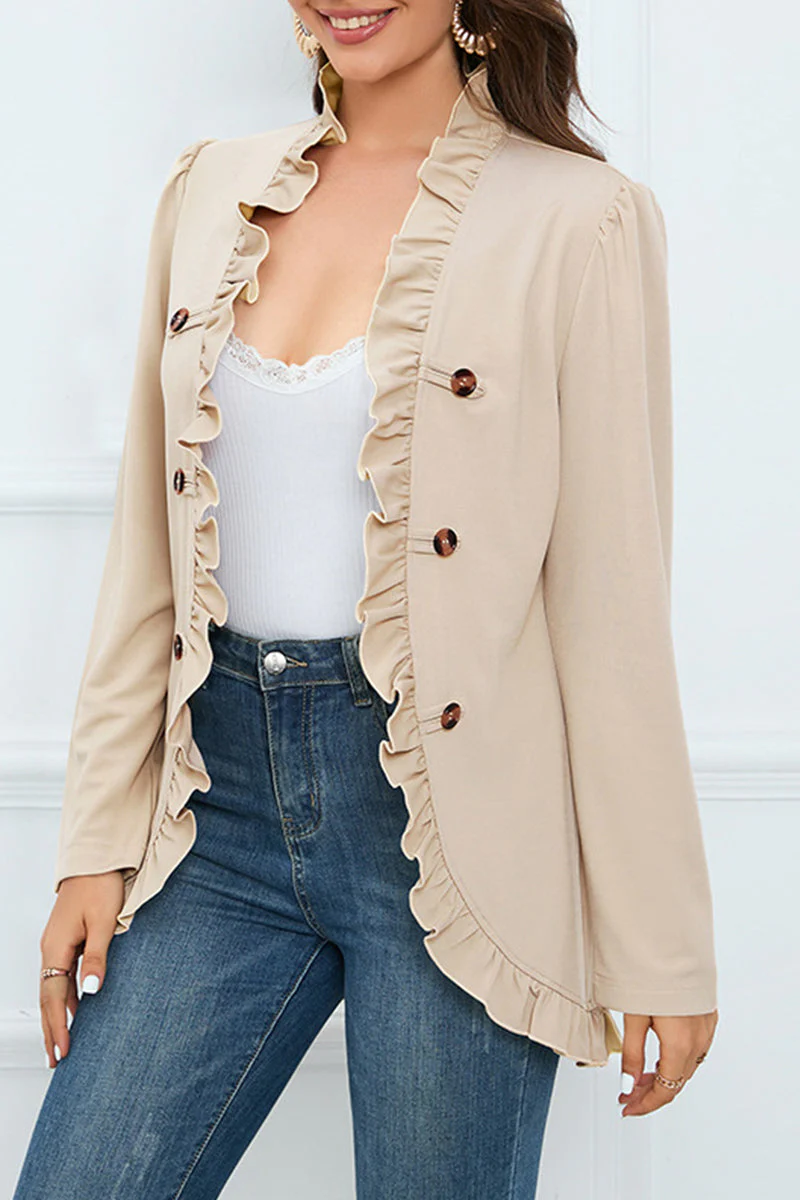 Delia | Elegant outerwear with flounce and lotus leaf collar and fixed buckle - Image 3