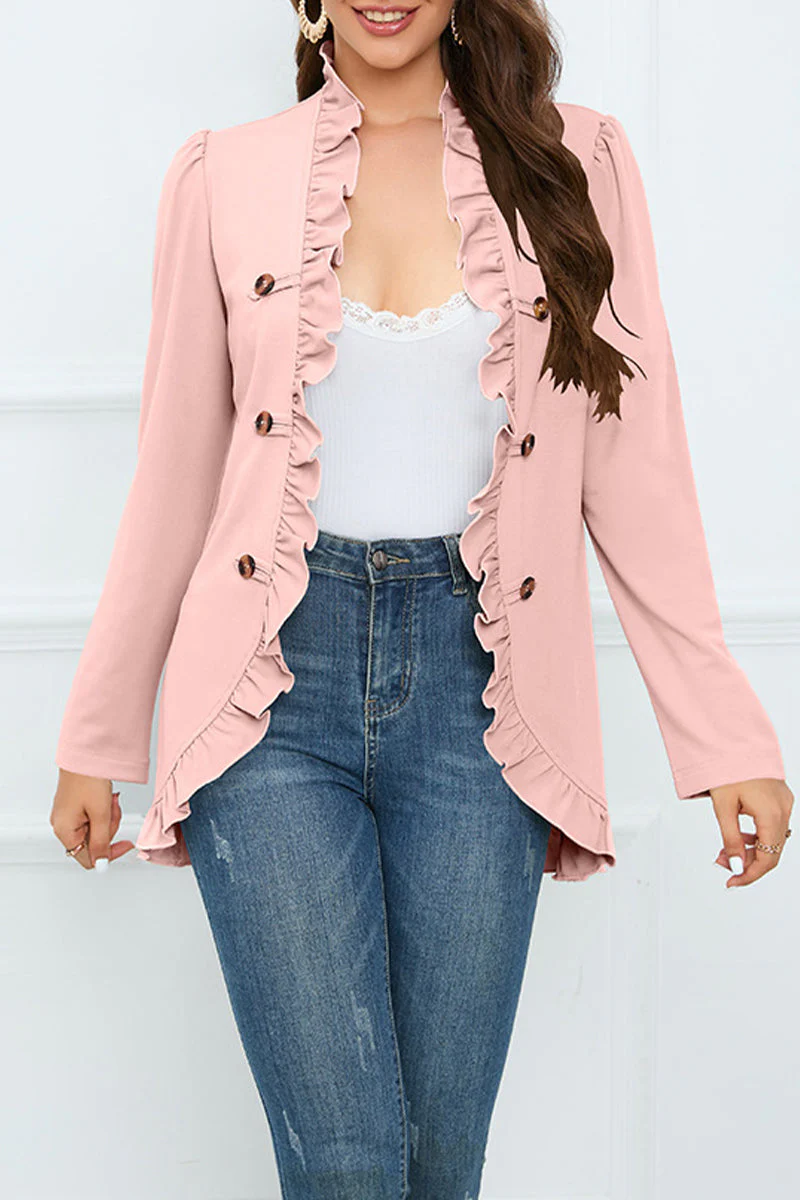 Delia | Elegant outerwear with flounce and lotus leaf collar and fixed buckle - Image 5