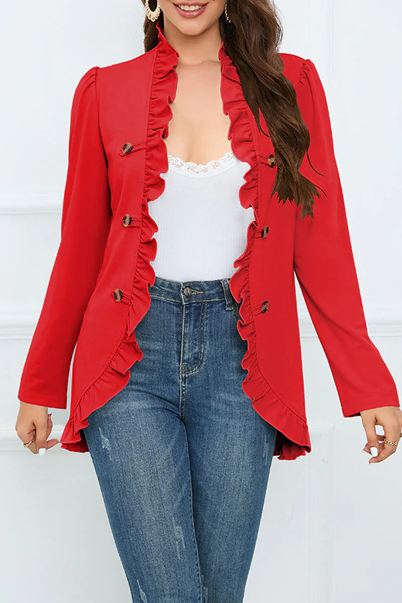 Delia | Elegant outerwear with flounce and lotus leaf collar and fixed buckle - Image 7
