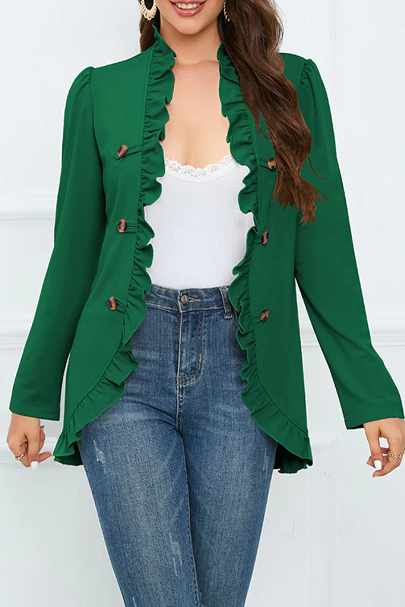 Delia | Elegant outerwear with flounce and lotus leaf collar and fixed buckle - Image 9