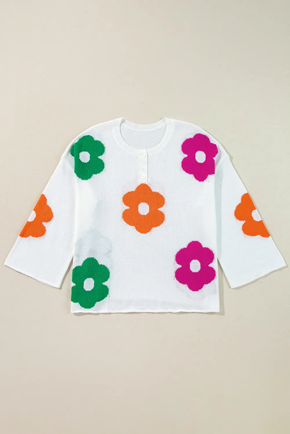 Delia | Floral knit top with a crew neck and quarter buttons - Image 3