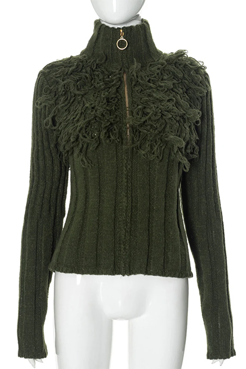 Desirée | Casual solid color turtleneck sweaters with fringe trim and zip fastening - Image 15
