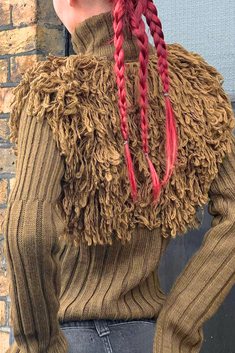 Desirée | Casual solid color turtleneck sweaters with fringe trim and zip fastening - Image 5