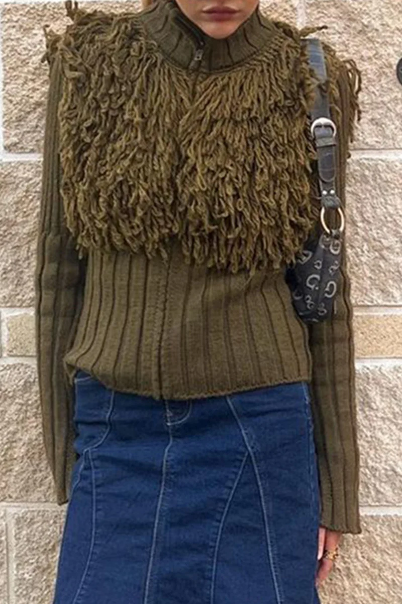 Desirée | Casual solid color turtleneck sweaters with fringe trim and zip fastening - Image 6