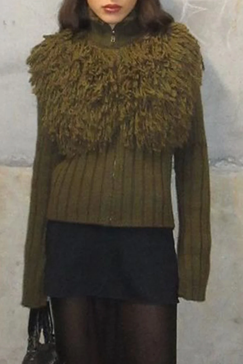 Desirée | Casual solid color turtleneck sweaters with fringe trim and zip fastening - Image 7