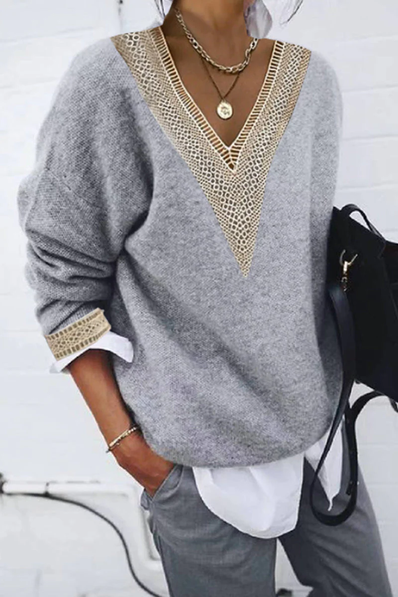 Diana | Casual solid patchwork V-neck tops - Image 2