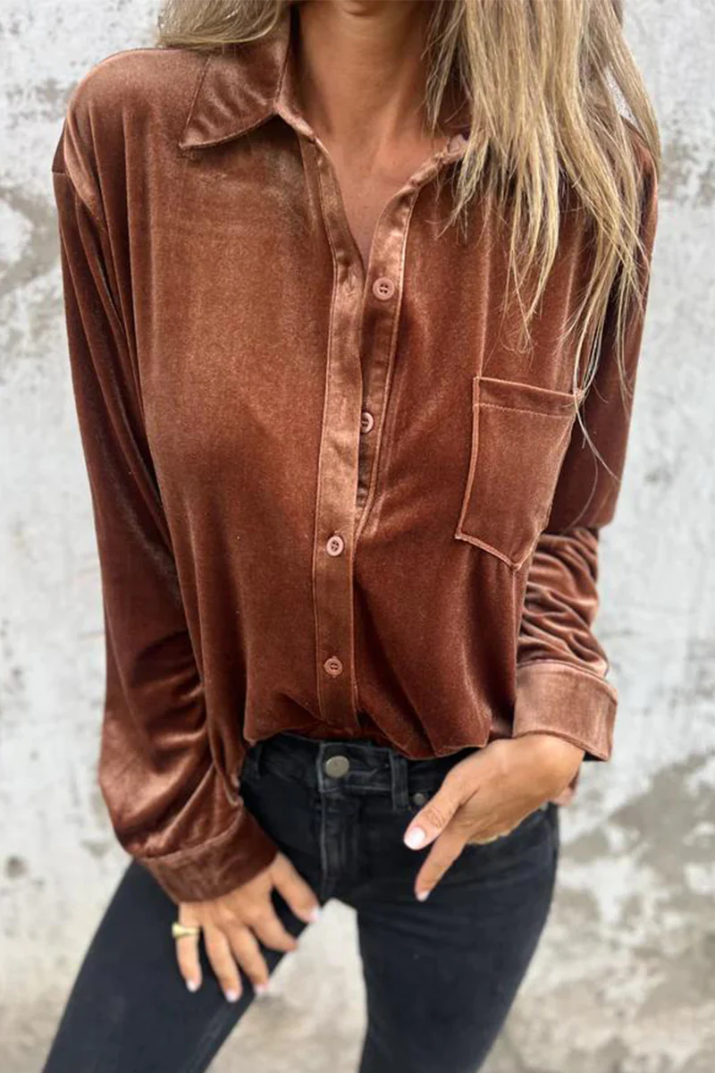 Dolores | Casual plain blouses with pocket buckle and turn-down collar - Image 4