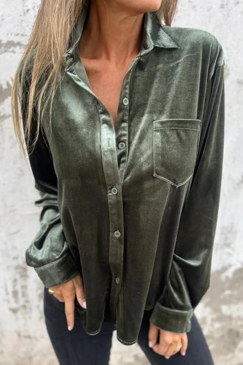 Dolores | Casual plain blouses with pocket buckle and turn-down collar - Image 5