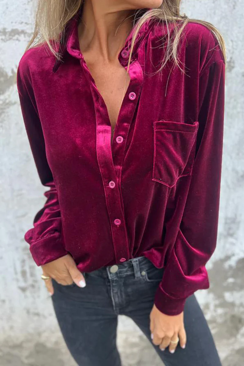 Dolores | Casual plain blouses with pocket buckle and turn-down collar - Image 6
