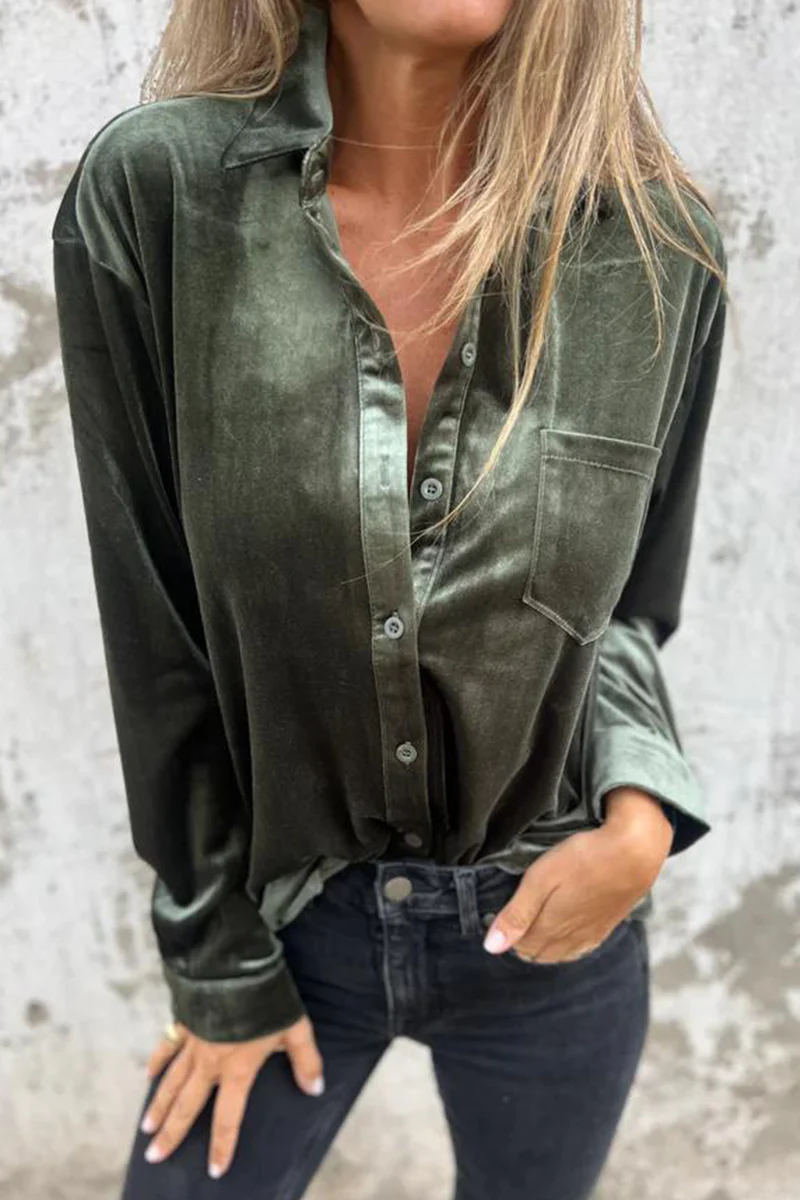 Dolores | Casual plain blouses with pocket buckle and turn-down collar - Image 7