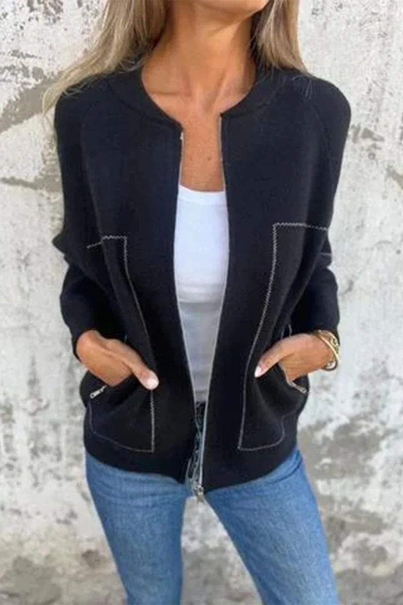 Dora | Casual daily solid color outerwear with pocket patchwork zipper and O-neck - Image 2