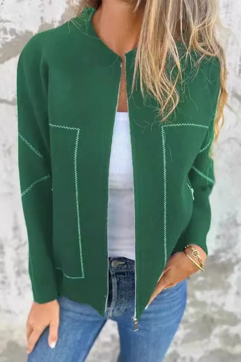 Dora | Casual daily solid color outerwear with pocket patchwork zipper and O-neck - Image 3