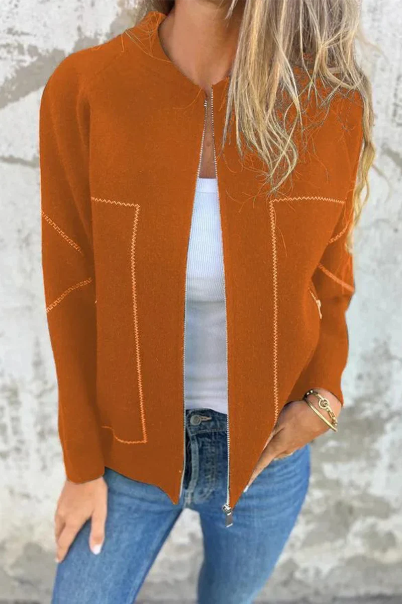 Dora | Casual daily solid color outerwear with pocket patchwork zipper and O-neck - Image 6