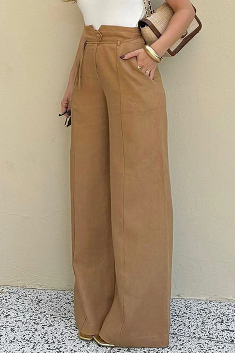Doris | Casual, daily, solid color, with pockets, lace-up buttons, loose, solid color, high waist trousers with speakers - Image 2