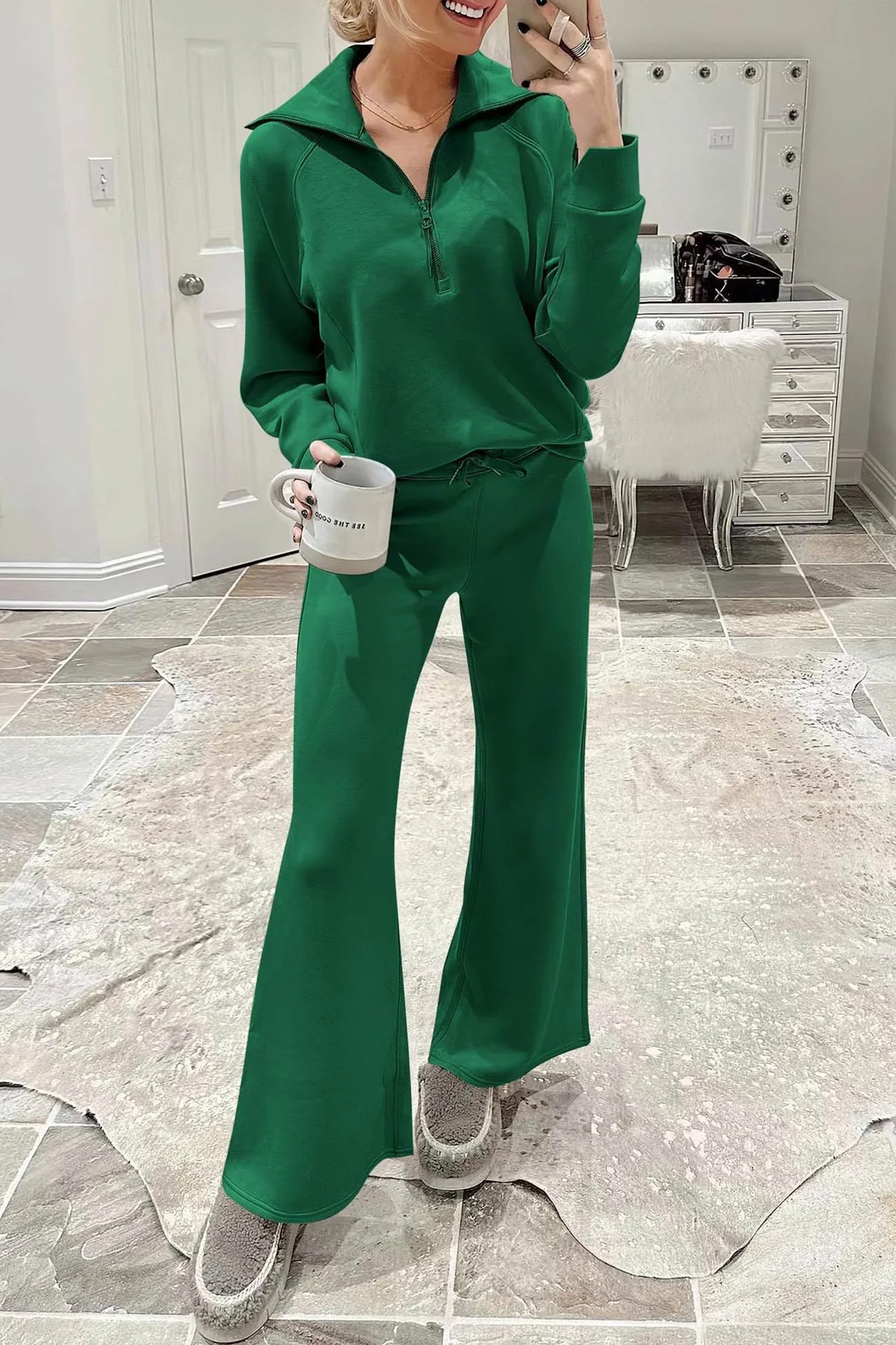 Doris | Wide leg long pants set with lapel zip sweatshirt - Image 13