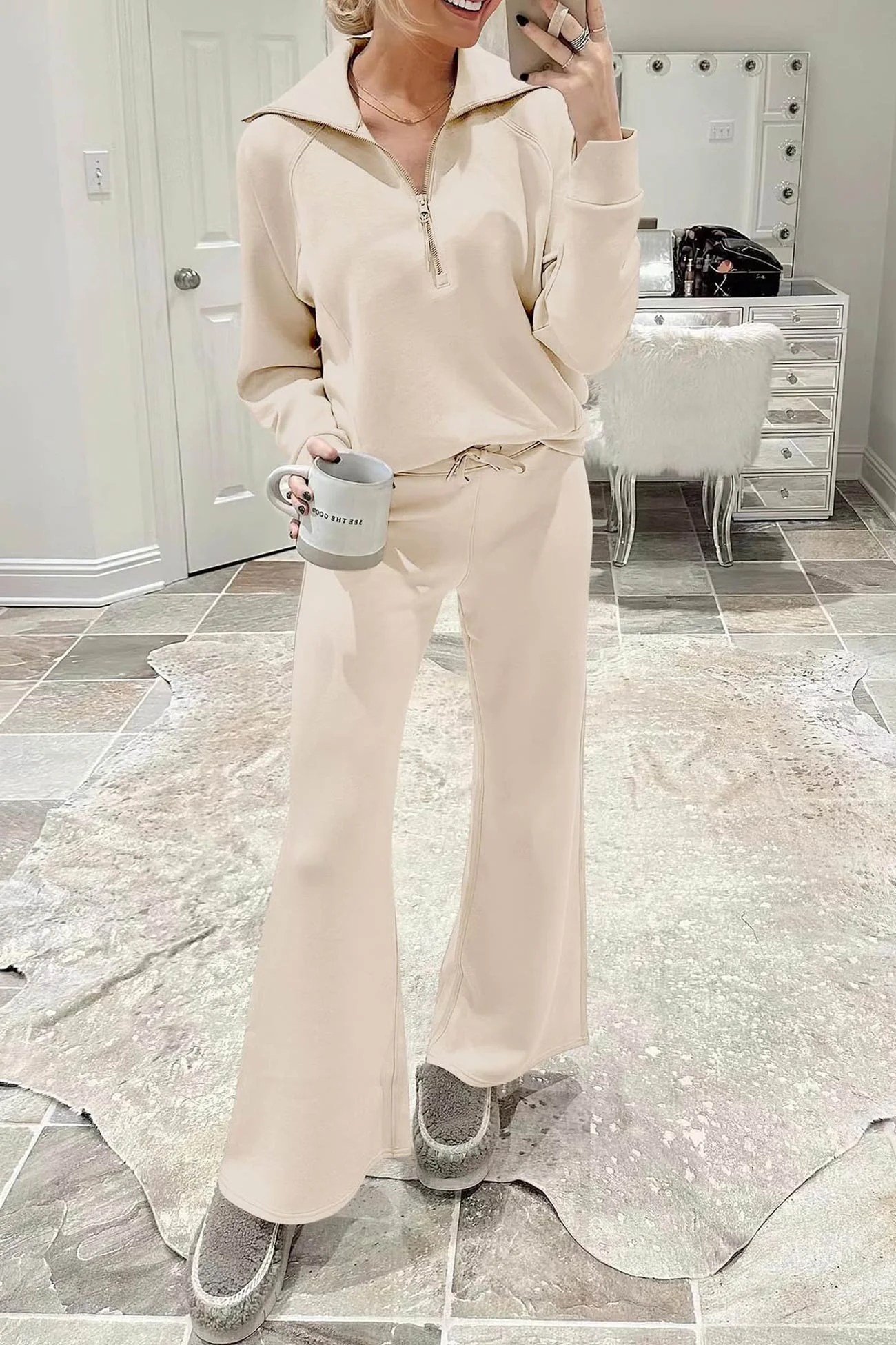 Doris | Wide leg long pants set with lapel zip sweatshirt - Image 26