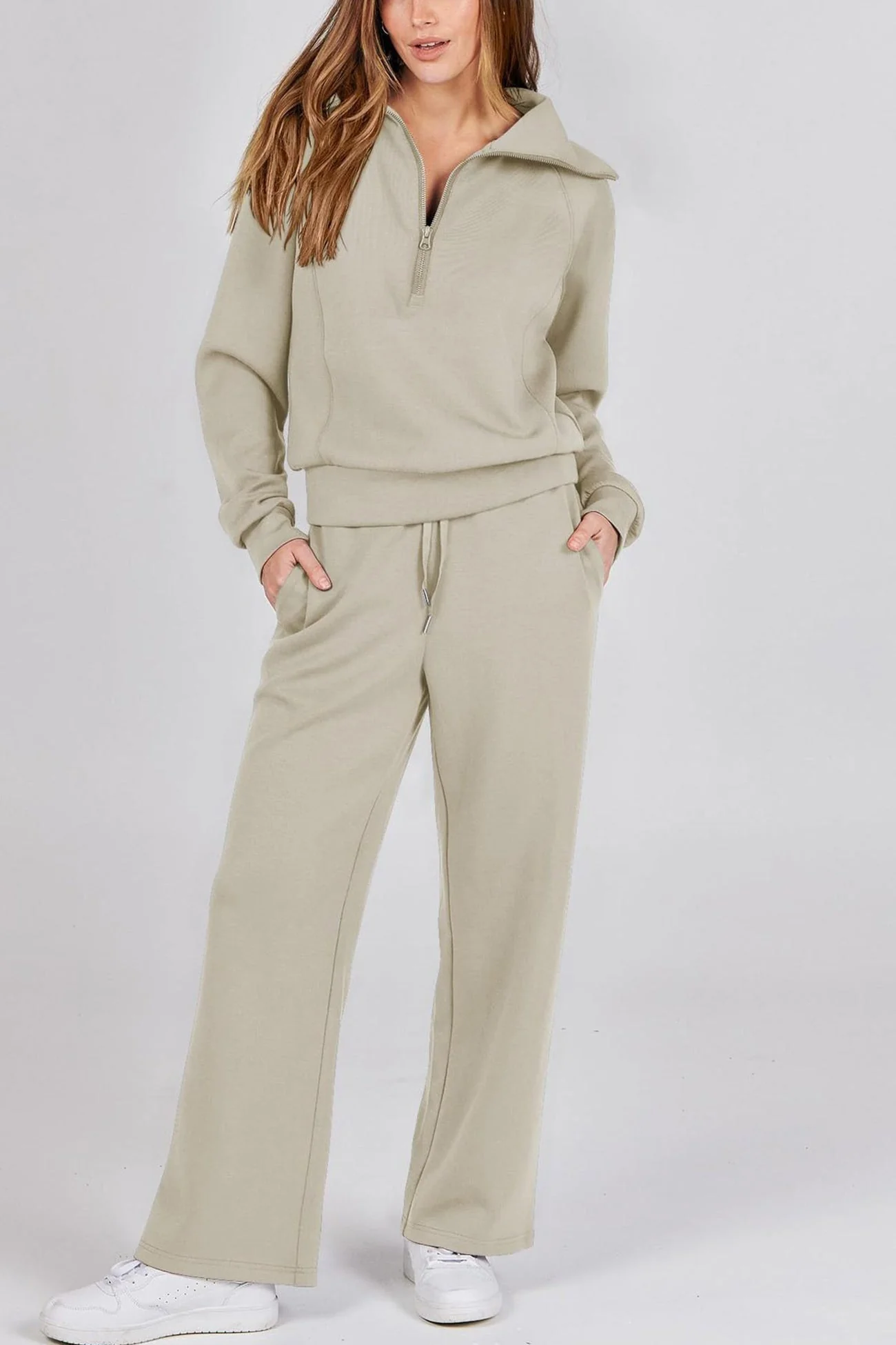 Doris | Wide leg long pants set with lapel zip sweatshirt - Image 34