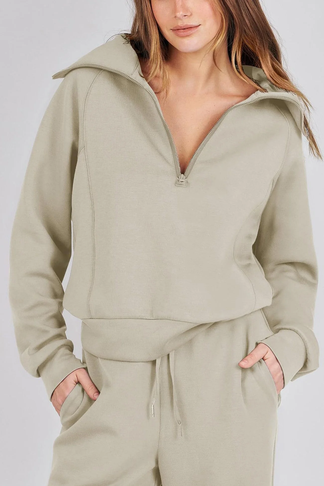 Doris | Wide leg long pants set with lapel zip sweatshirt - Image 35