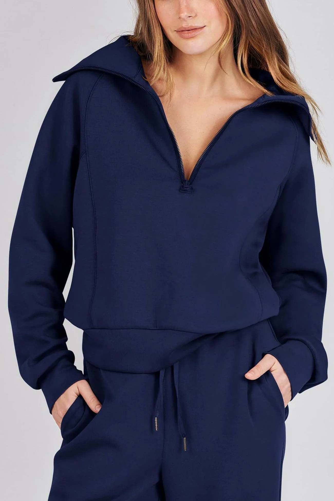 Doris | Wide leg long pants set with lapel zip sweatshirt - Image 39