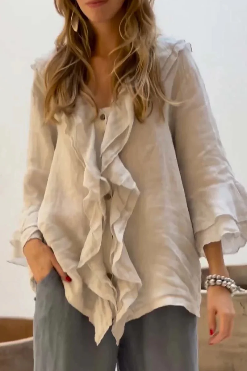 Edda | Casual solid color blouses with ruffles and V-neck for everyday wear - Image 7