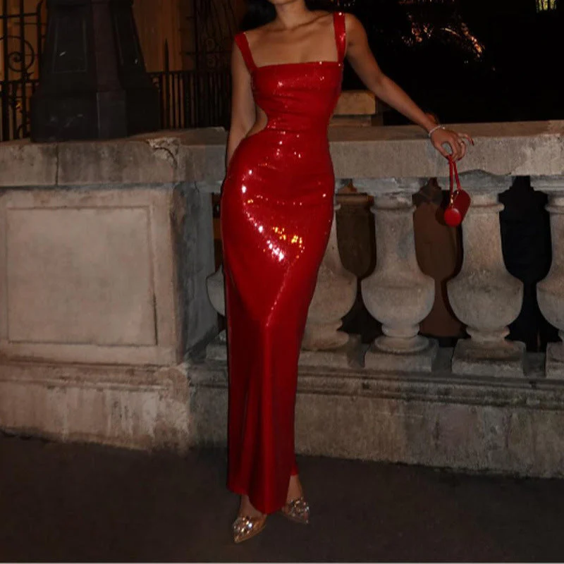 Edith® | Charming Sequin Sling Square Collar Backless Dress Skirt - Image 2