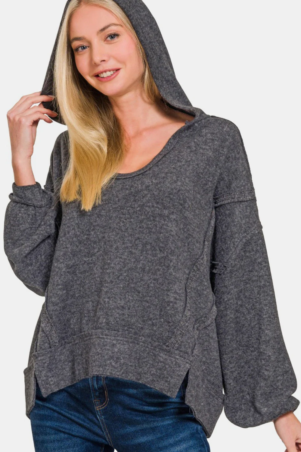 Edith | Zenana brushed Hacci hoodie with exposed seams - Image 3