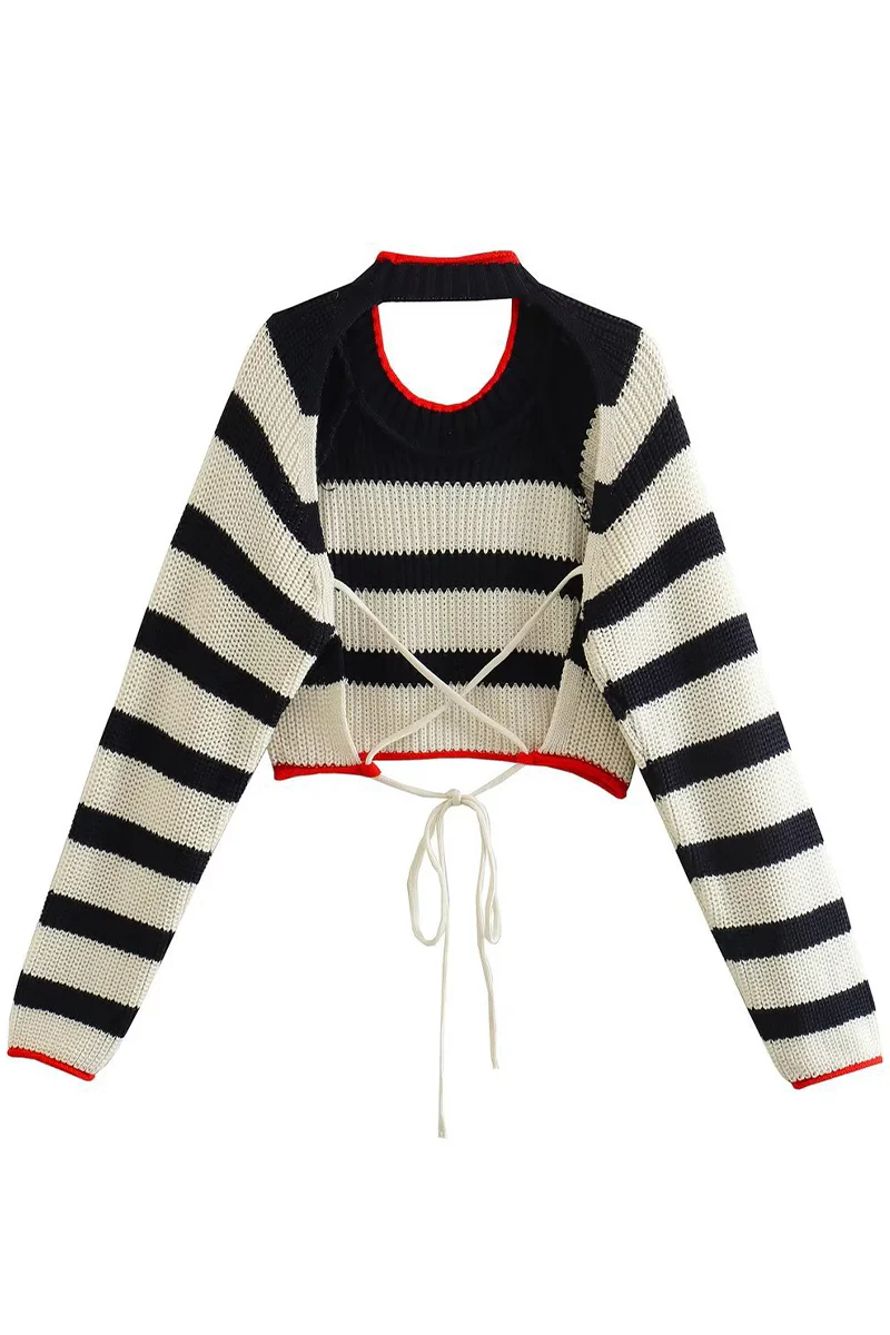 Edurne | Casual striped backless contrast lace-up O-neck sweaters - Image 8