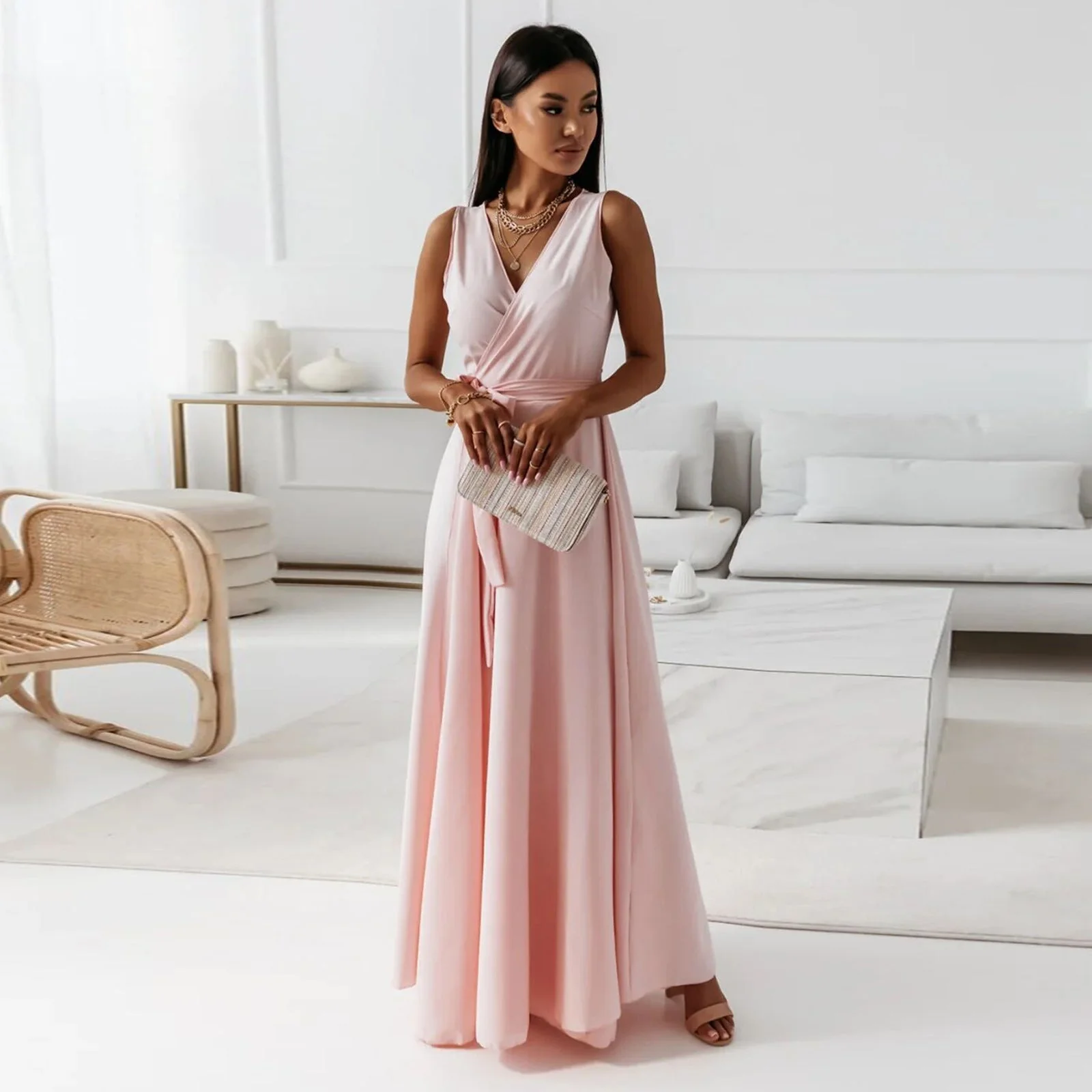 Edvige® | Women'S Solid Color V-Neck Long Dress