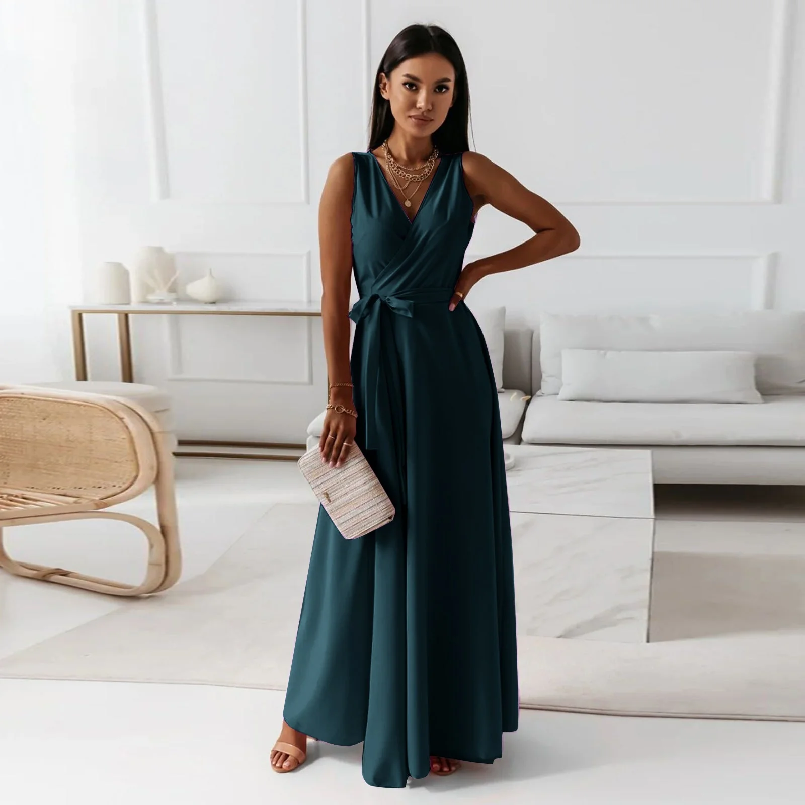 Edvige® | Women'S Solid Color V-Neck Long Dress - Image 2