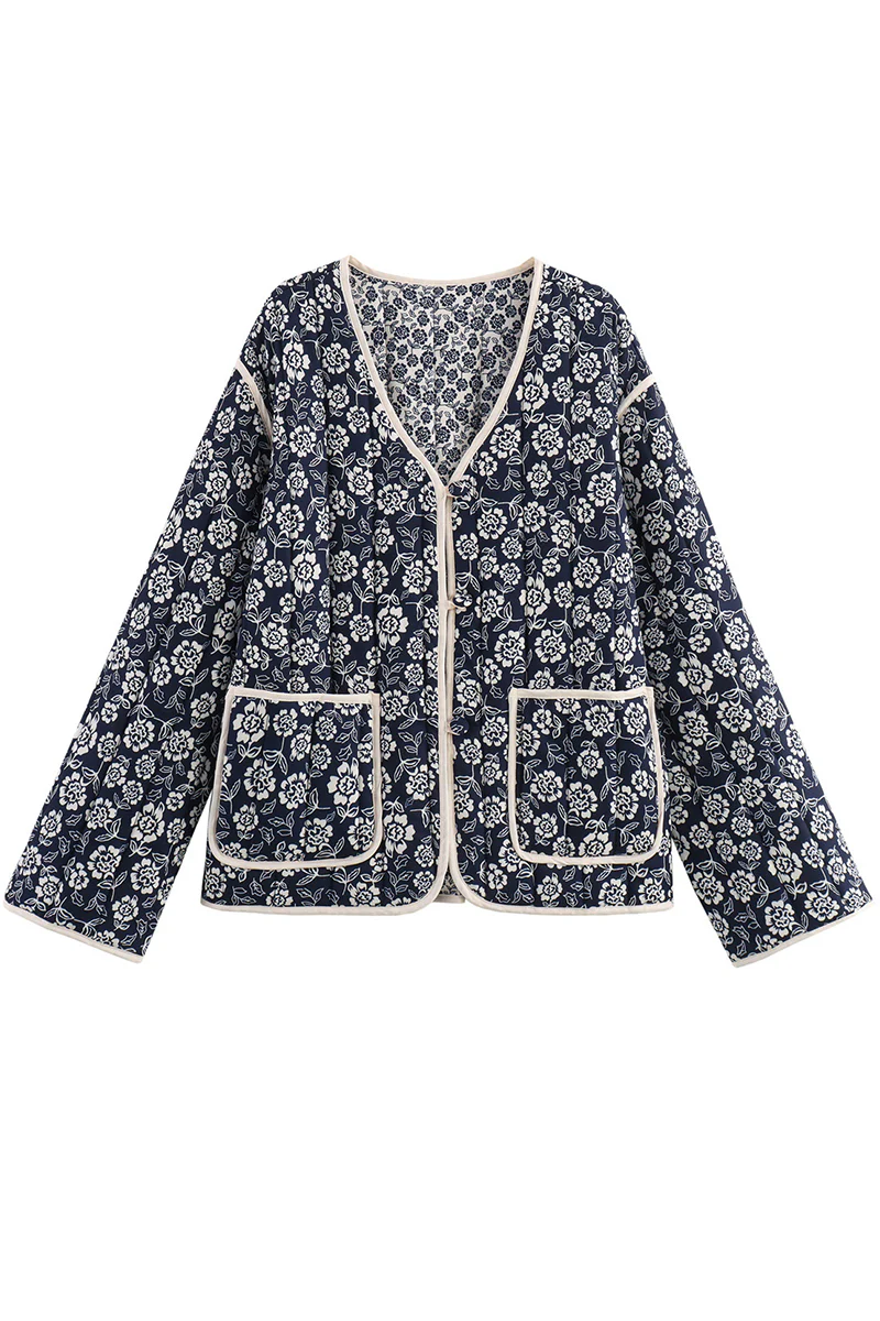 Ela | Casual street floral pocket patchwork V-neck outerwear - Image 3