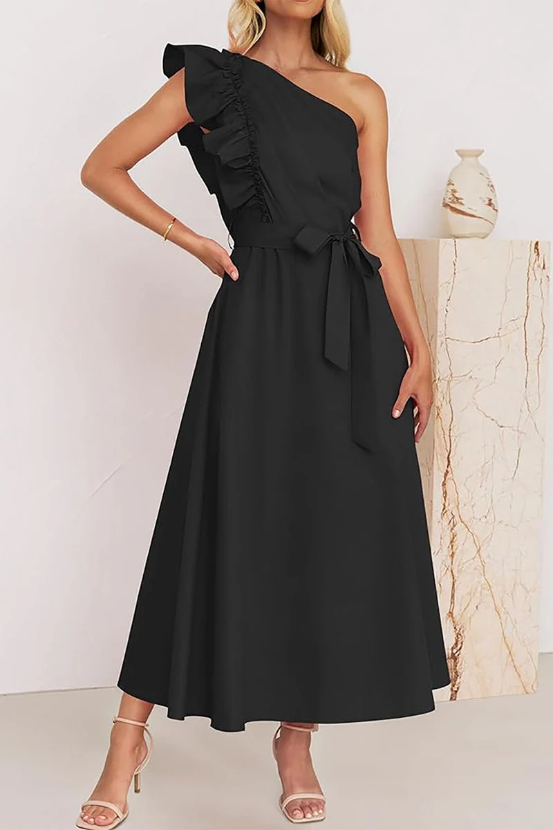 Elda® | Sweet Elegant Solid Color Thread Selvedge Slanted Collar A-Line Dresses (5 Colors) - Image 2